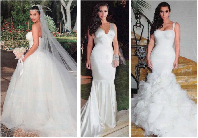Kim cut her gigantic wedding cake in the center gown a simple satin Aline