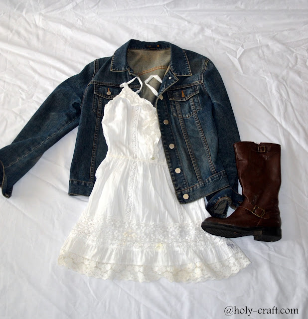 lace dress with jean jacket and boots