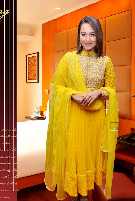 Sonakshi Sinha in Yellow Lucknowi Long Frock Churidar Salwar Kameez at Lingaa Success Meet