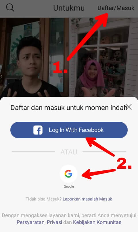 Cara untuk Mendaftar atau Masuk adalah dengan cara mengklik menu "Daftar/Masuk" yang berada di pojok kanan atas dan pilih masuk menggunakan akun Facebook ataupun akun Google.