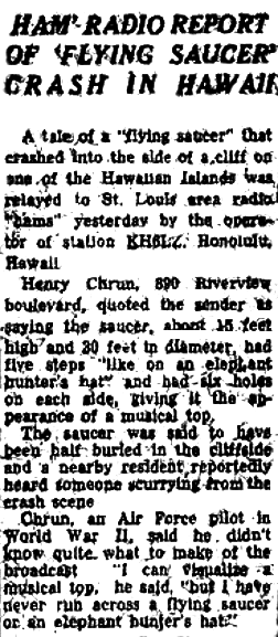 Ham Radio Report of Flying Saucer Crash in Hawaii – St Louis Post Dispatch 4-30-1950