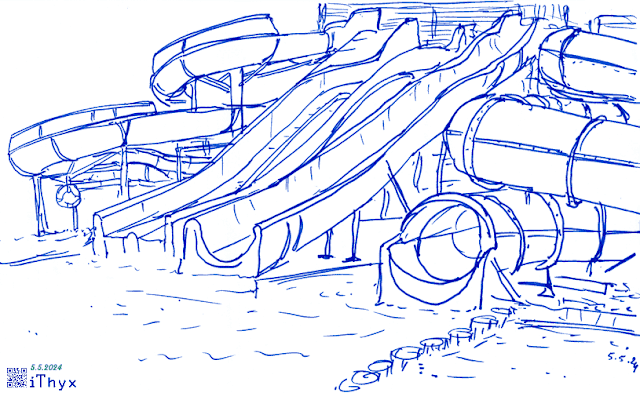 Аквапарк, водные горки, аттракционы трубы. Автор рисунка: художник #iThyx
