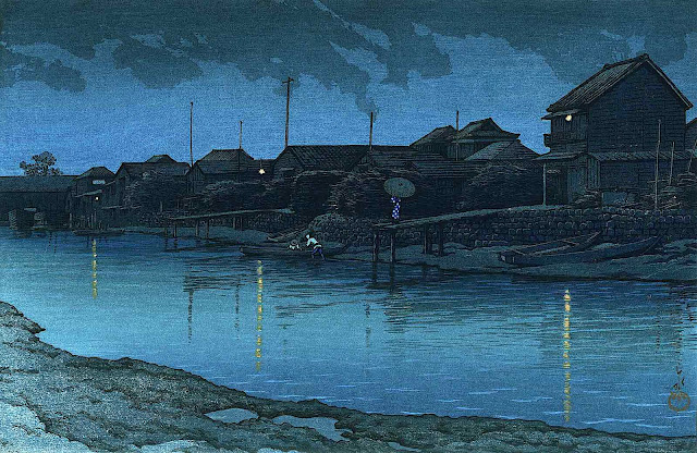 Kawase Hasui art, checker pattern in an old Japan waterfront village at night