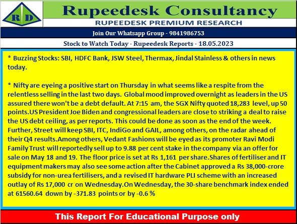 Stock to Watch Today - Rupeedesk Reports - 18.05.2023