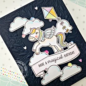 Sunny Studio Stamps: Blooming Frame Dies Prancing Pegasus Spring Showers Banner Basics Happy Birthday Card by Franci Vignoli