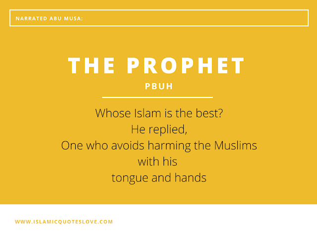Some people asked ALLAH's Messenger (PBUH)  "whose Islam is the best? i.e ( Who is a very good Muslim)?" He replied,"One who avoids harming the Muslim with his tongue and hands."