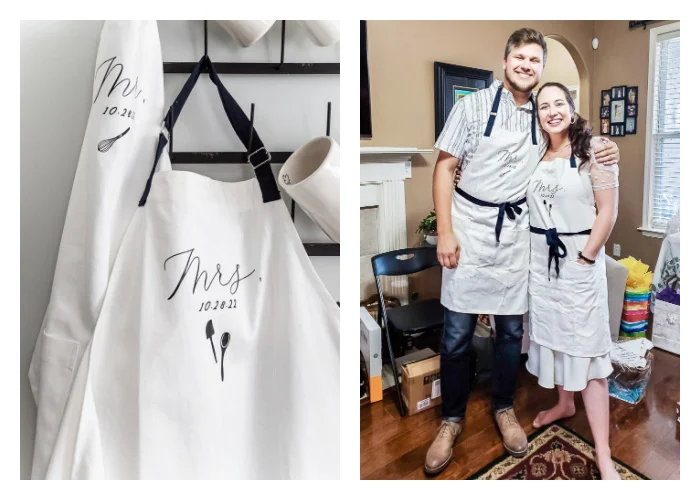 personalized aprons, bride and groom in aprons