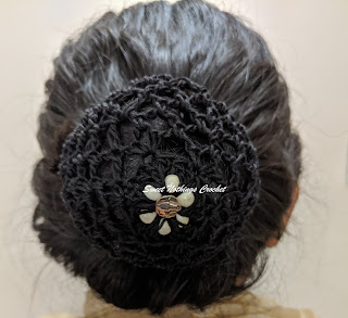 Sweet Nothings Crochet pattern blog, crochet pattern for a beaded hair bun net, photo of the beaded hair net