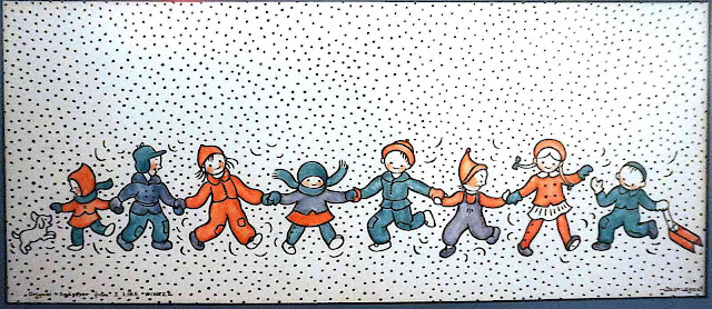 a Lois Lenski illustration of a running line of children in winter