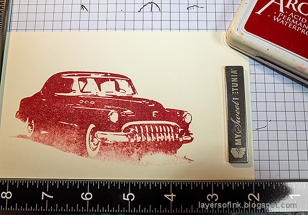Layers of ink - Road Trip Card Tutorial by Anna-Karin Evaldsson. Stamp the car with Tim Holtz Road Trip.