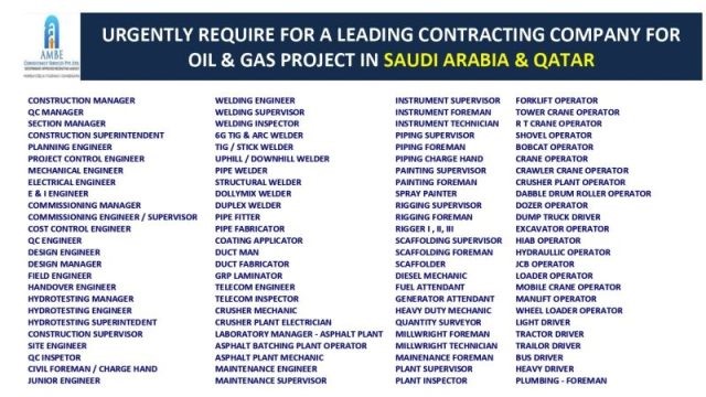 Oil and Gas Company job vacancy - Large recruitment to KSA & Qatar