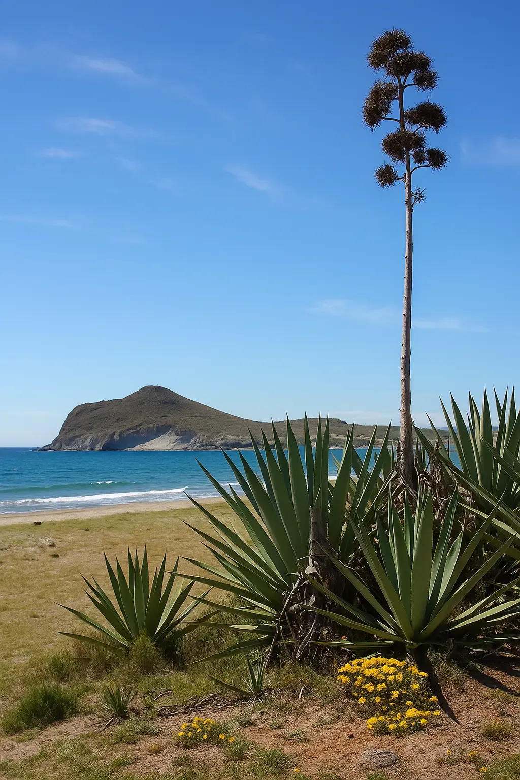 Furgoneta camper en un paisaje desértico de Cabo de Gata, con la icónica Playa de Mónsul y el mar turquesa al fondo.