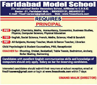 Faridabad Model School Recruitment 2023 for Teaching and Non Teaching Positions