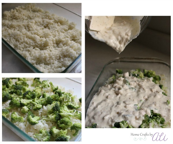 layer rice broccoli and sauce