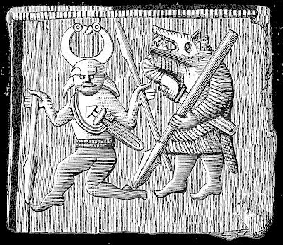 bronze plate. Place of discovery Oland Sweden. Depicted are a berserker (right) and the god Odin (left).