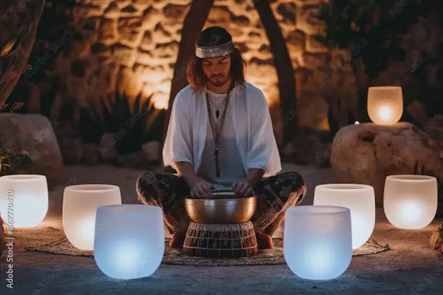 A tranquil sound healing session featuring crystal singing bowls and a therapist playing a gong