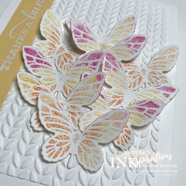 By Angie McKenzie for Kylie's International Blog Highlights - please VOTE for me; Click READ or VISIT to go to my blog for details! Featuring the Fluttering Dies, Greenery Embossing Folders and Celebrate Sunflowers Stamp Set; #stampinup #handmadecards #naturesinkspirations #thankyoucards #babywipetechnique #embossing #cardtechniques #stampinupdemo #makingotherssmileonecreationatatime #celebratesunflowersstampset #flutteringdies