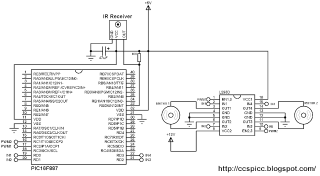 Remote controlled 2 DC motors using PIC16F887 and L293D circuit