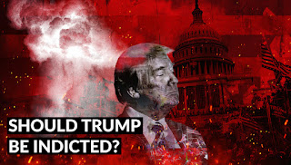 Graphic with Trump photo surrounded in red with the words Should Trump Be Indicted?