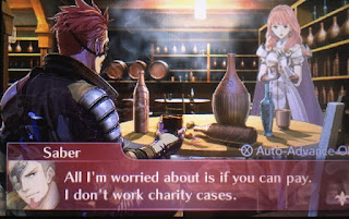 A man sits at a table with his back to the camera in an inn. The walls are lined with bottles. Celica stands across from him. The man has short red spiky hair, an eye patch and a goatee. He is saying "All I'm worried about is if you can pay. I don't work charity cases."