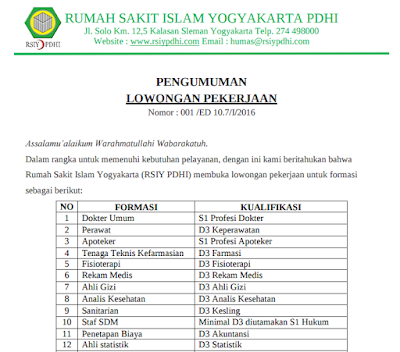 Formasi Lowongan Kerja RSIY PDHI Jogja