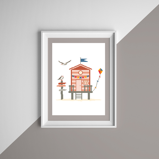 Beach Hut with Flag and Seagulls - Cross Stitch Pattern