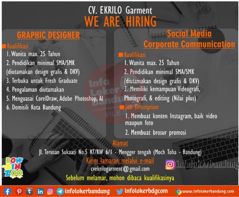 Lowongan Kerja CV. Ekrilo Garment Bandung April 2021