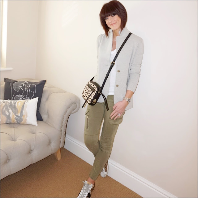 My Midlife fashion, j crew knitted blazer, village england chelmorton cross body bag, J Crew vintage Deep V vintage tee, zara military combat trousers, golden goose superstar leopard print calf hair trainers