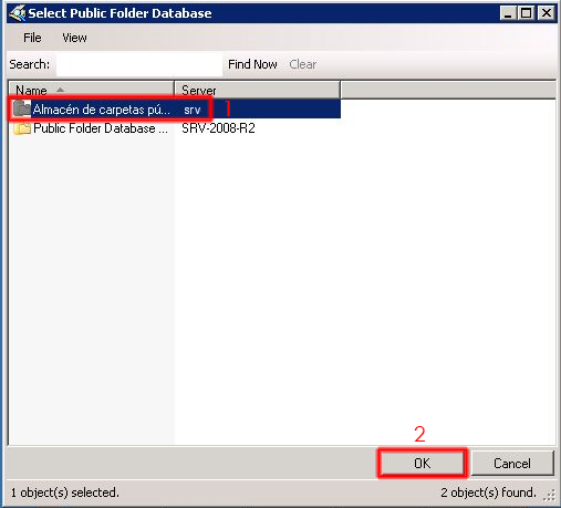 Ventana emergente Select Public Folder Database.