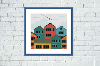 Houses cross stitch Colorful embroidery design - Tango Stitch