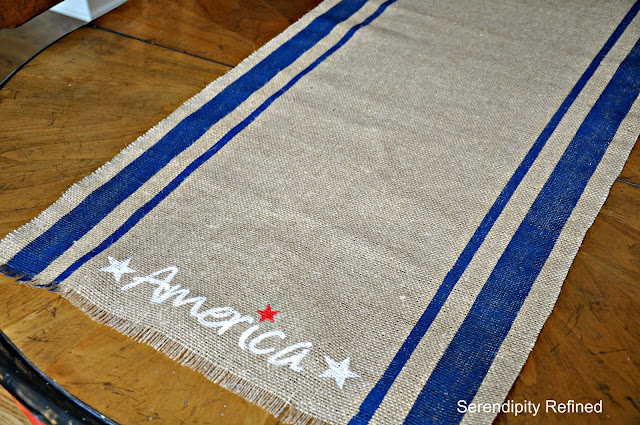 Quick Easy DIY 4th of July Patriotic No Sew Grain sack Stripe Stenciled Burlap Table Runner by Serendipity Refined