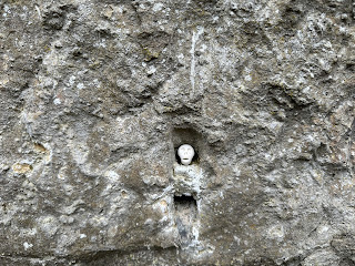 A photo showing a small ceramic skull (Skulferatu 102) in a hole in the stone of the monument to Patrick Haldane, John Haldane and Ann Cargill.  Photo by Kevin Nosferatu for the Skulferatu Project.