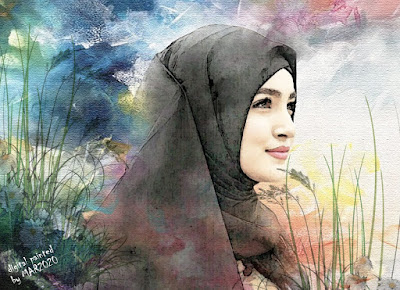 Cute Hijab Female in Digital Watercolor Painting