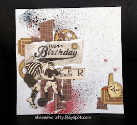 A masculine sports birthday card using Prima Allstar paper, wood icon, and brads for Scrapbook Maven