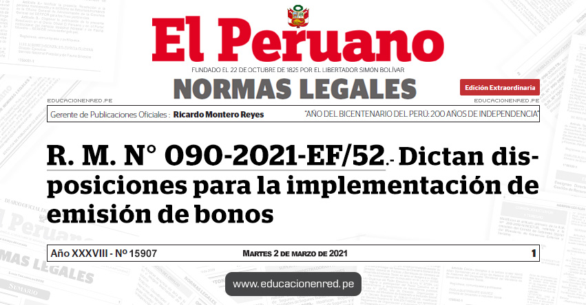 R. M. N° 090-2021-EF/52.- Dictan disposiciones para la implementación de emisión de bonos