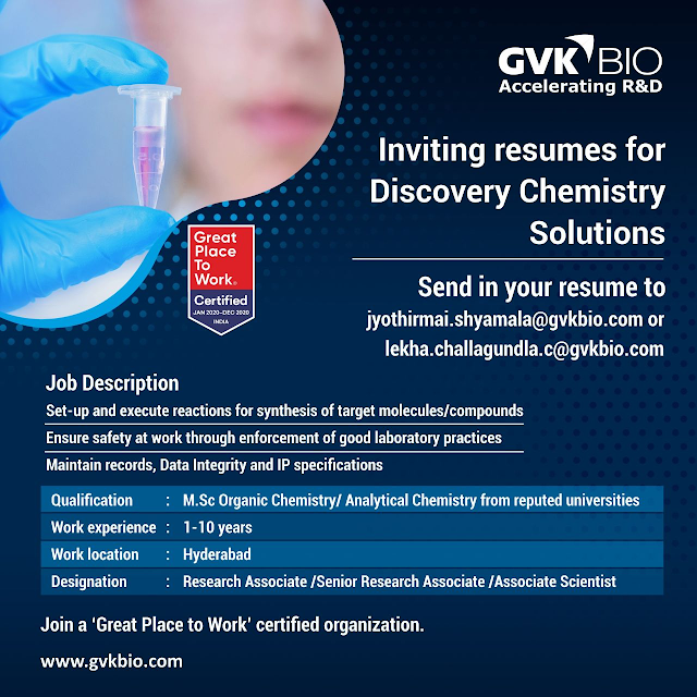 GVK bio | Inviting resumes for Discovery chemistry at Hyderabad