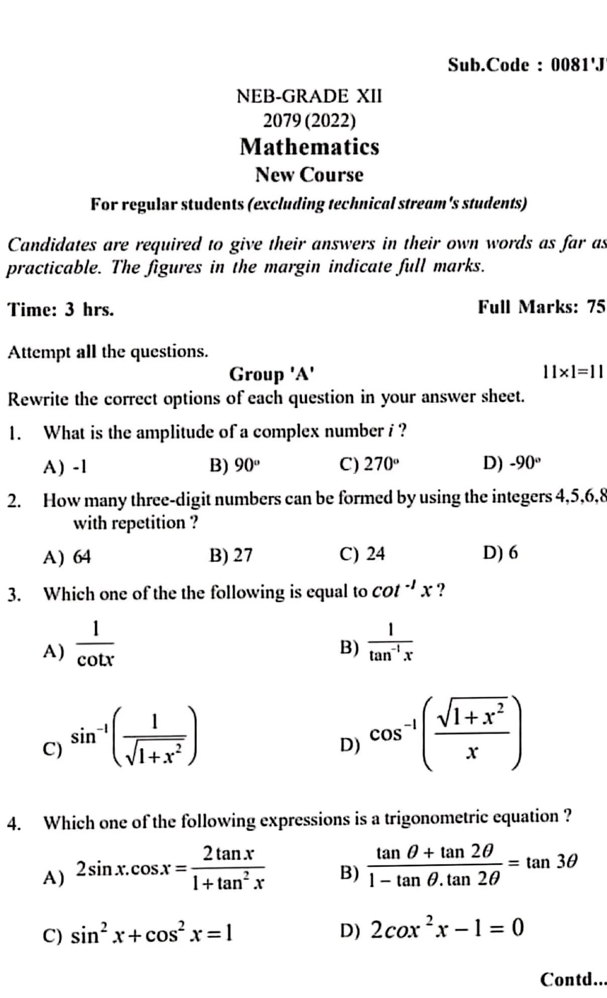 Class 12 Maths Model Question 2079