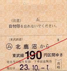 東武鉄道　常備軟券乗車券11　日光線　北鹿沼駅