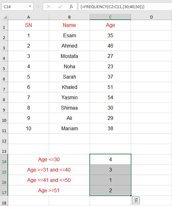 دالة FREQUENCY