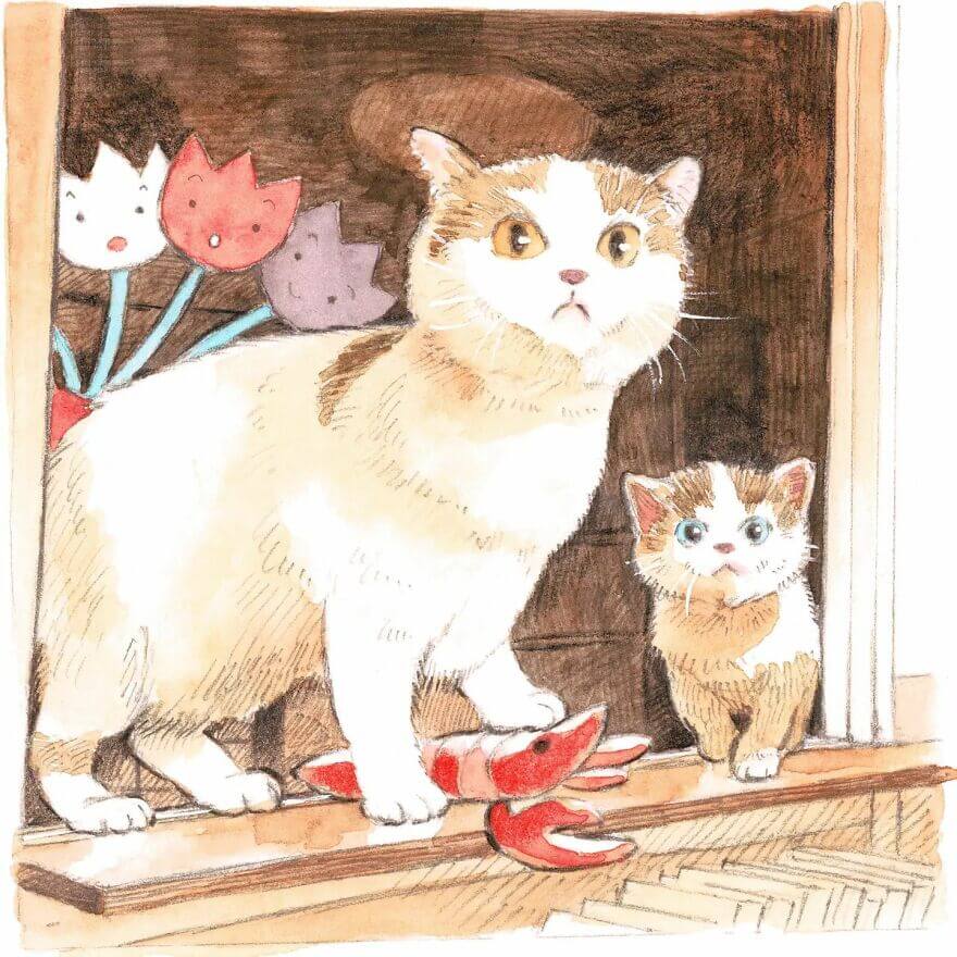 03-mother-teaching-cat-joy-in-graphics-Y.-Nishimura-www-designstack-co