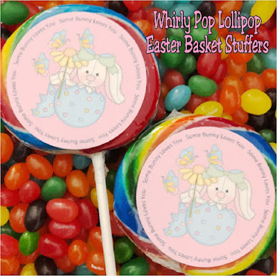 Create a fun and yummy Easter basket stuffer with these Whirly pop lollipop labels.  They are so easy to make and make great party favors or little gifts for everyone on the Easter bunny's list this year. #easter #easterbasket #easterfavor #candy #diypartymomblog