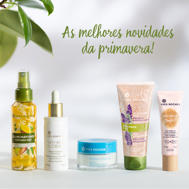 Foto, em fundo branco, contendo a Bruma Perfumada Cabelo e Corpo Manga & Coentro, a Grande Essência Corretora Anti-Âge Global, o Creme Hidratante para Pele Normal a Seca Hydra Végétal FPS20, o Gel Esfolante Para os Pés com Lavanda Bio e o tubo de 30 ml do Fond de Teint Creme Conforto Zero Defeitos