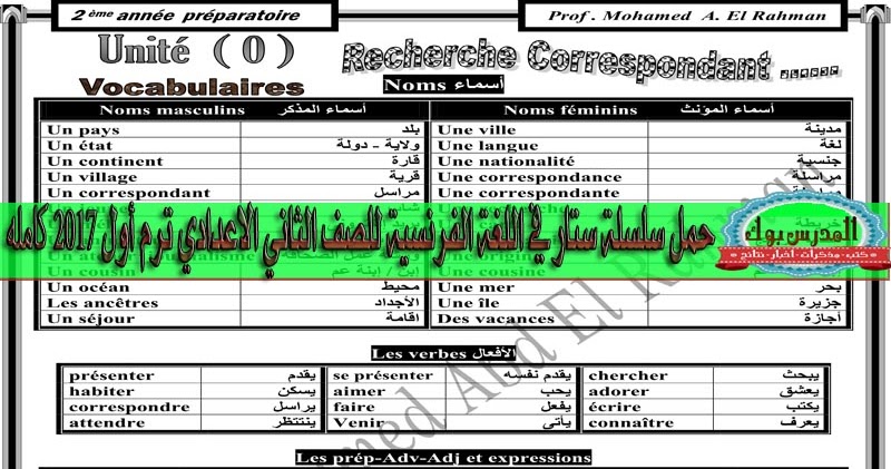 مذكرة لغة فرنسية للصف الثاني الاعدادي ترم اول 2017