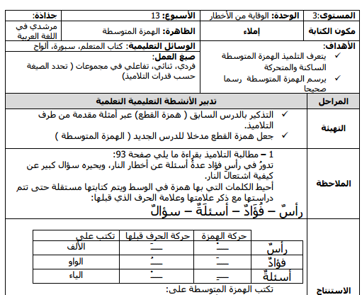 جذاذات الإملاء جميع الوحدات مرشدي في اللغة العربية المستوى الثالث 2019