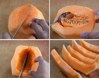 Slicing in half, seeding, and cutting the melon in wedges