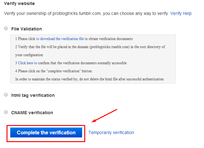 Verify Website ownership with Baidu Webmaster tools