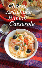 Food Lust People Love: This cheesy artichoke ravioli casserole is made from store-bought fresh ravioli with a super cheesy homemade artichoke sauce, baked up till hot and bubbly with extra cheese on top.