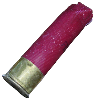 An expended shotgun shell with red casing and brass cap.