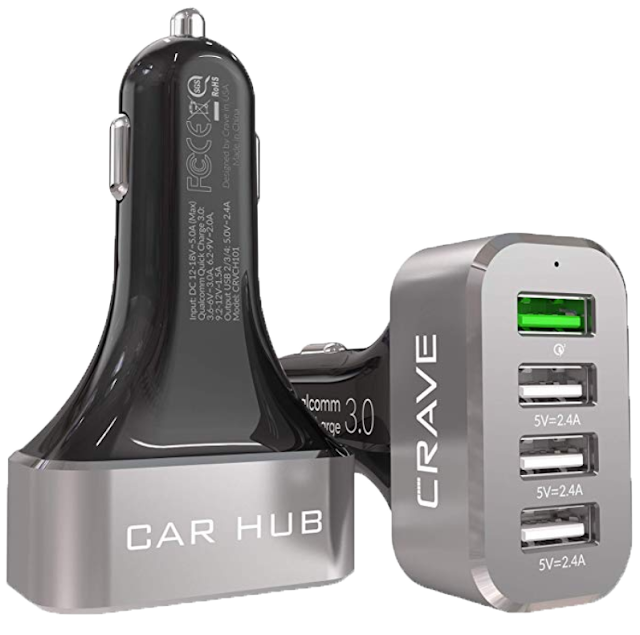 Crave CarHub 54W 4 Port USB Car Charger, Qualcomm Quick Charge 3.0 - Black