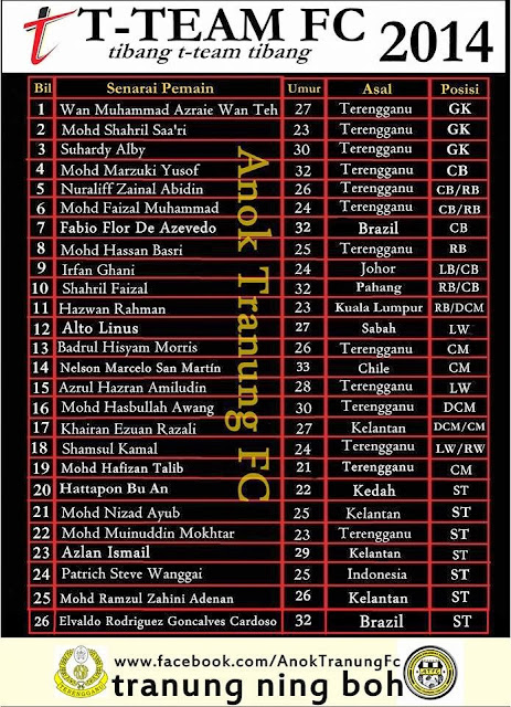 Senarai penuh pemain bola sepak pasukan T-Team musim 2014